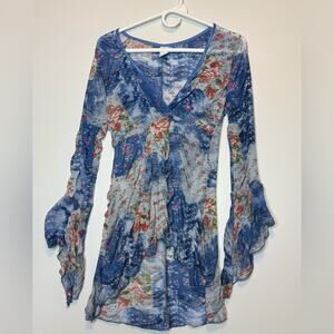 Vintage 90’s Floral  mesh ruched long-sleeve Bohemian Blouse
Size L